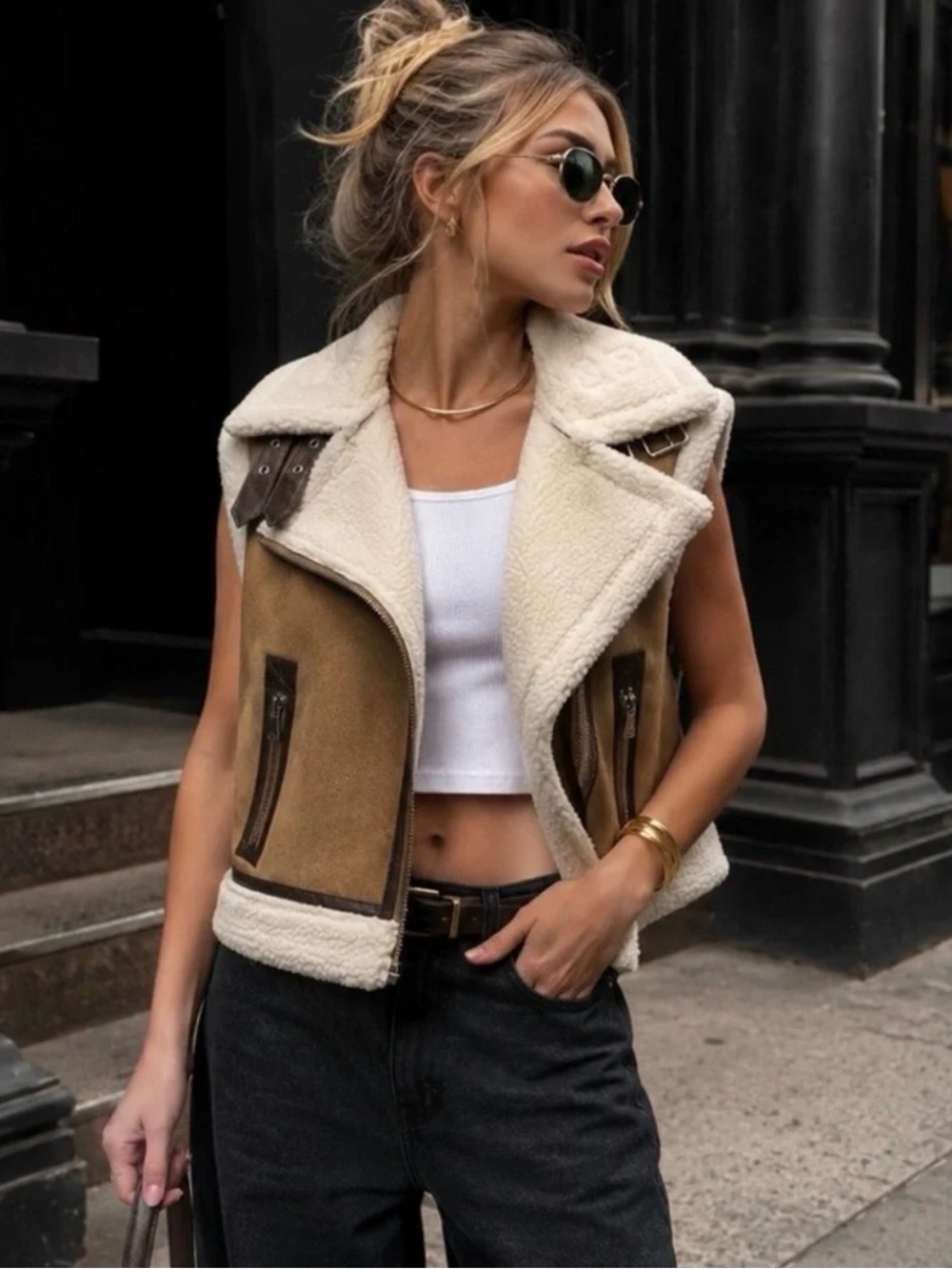 Zara Cream Shearling-Trim Brown Suede Vest